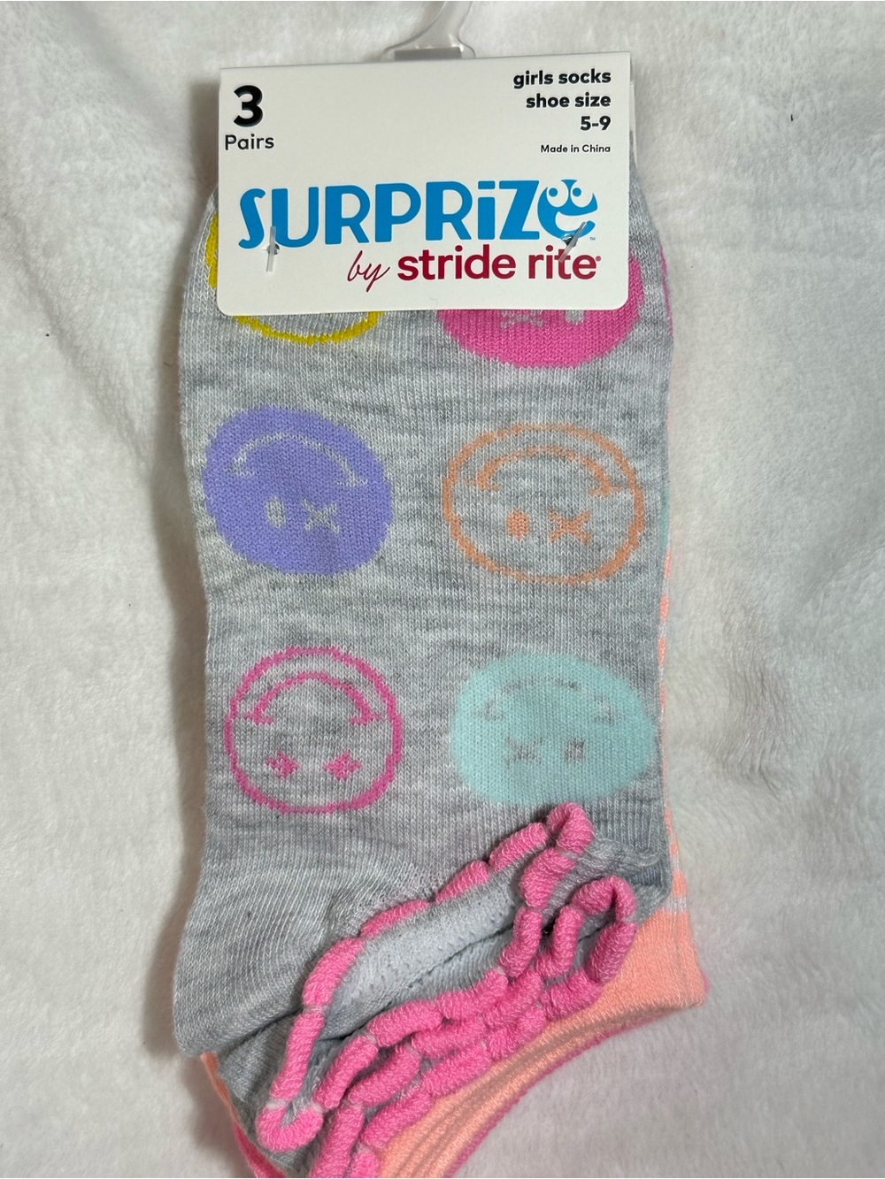 Stride Rite Surprize Girls Smiley Face Ruffle Socks 3 Pairs Shoe Size 5-9